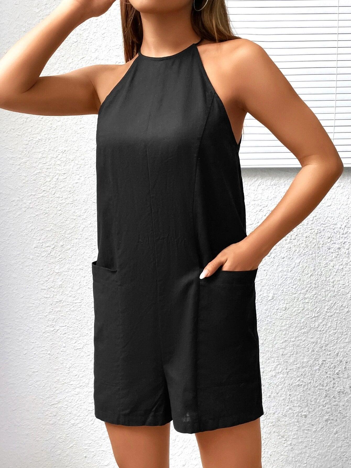 Pocket Patched Halter Romper-Comfy Jumpsuits