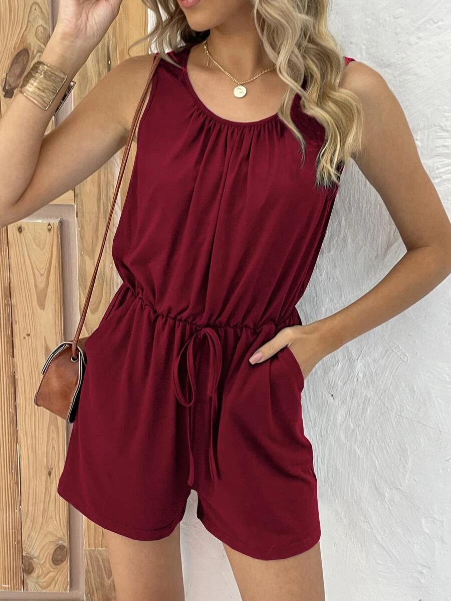 Solid Tie Front Slant Pocket Romper-Comfy Jumpsuits