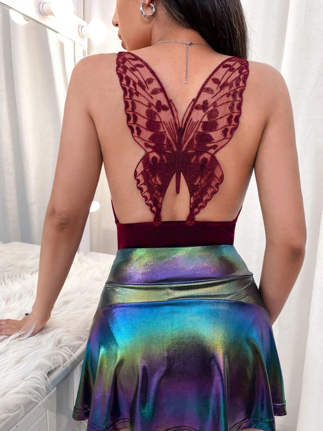 Butterfly Embroidery Draped Cami Bodysuit-Comfy Jumpsuits