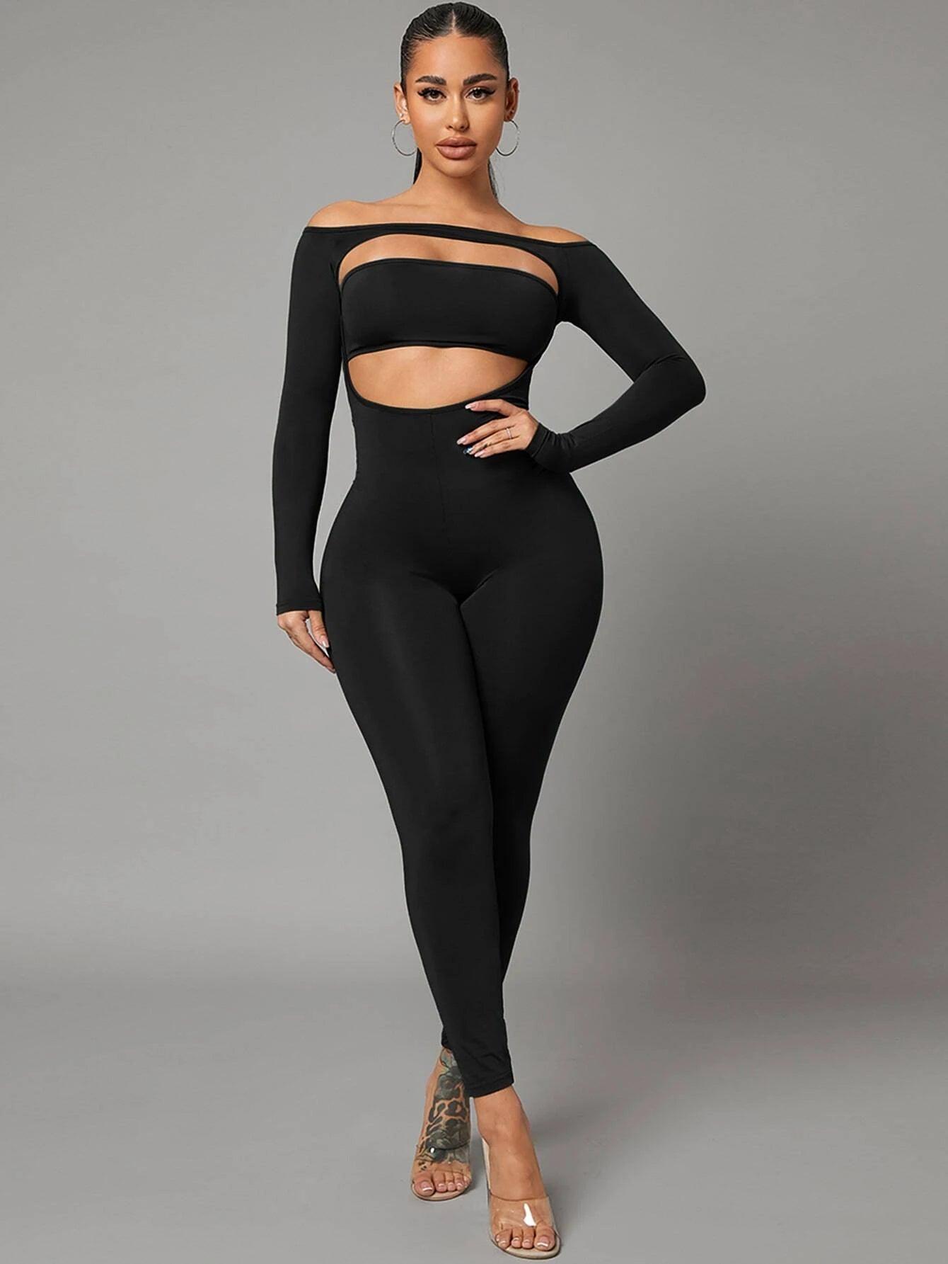 Off Shoulder Cut Out Front Unitard Jumpsuit-Comfy Jumpsuits