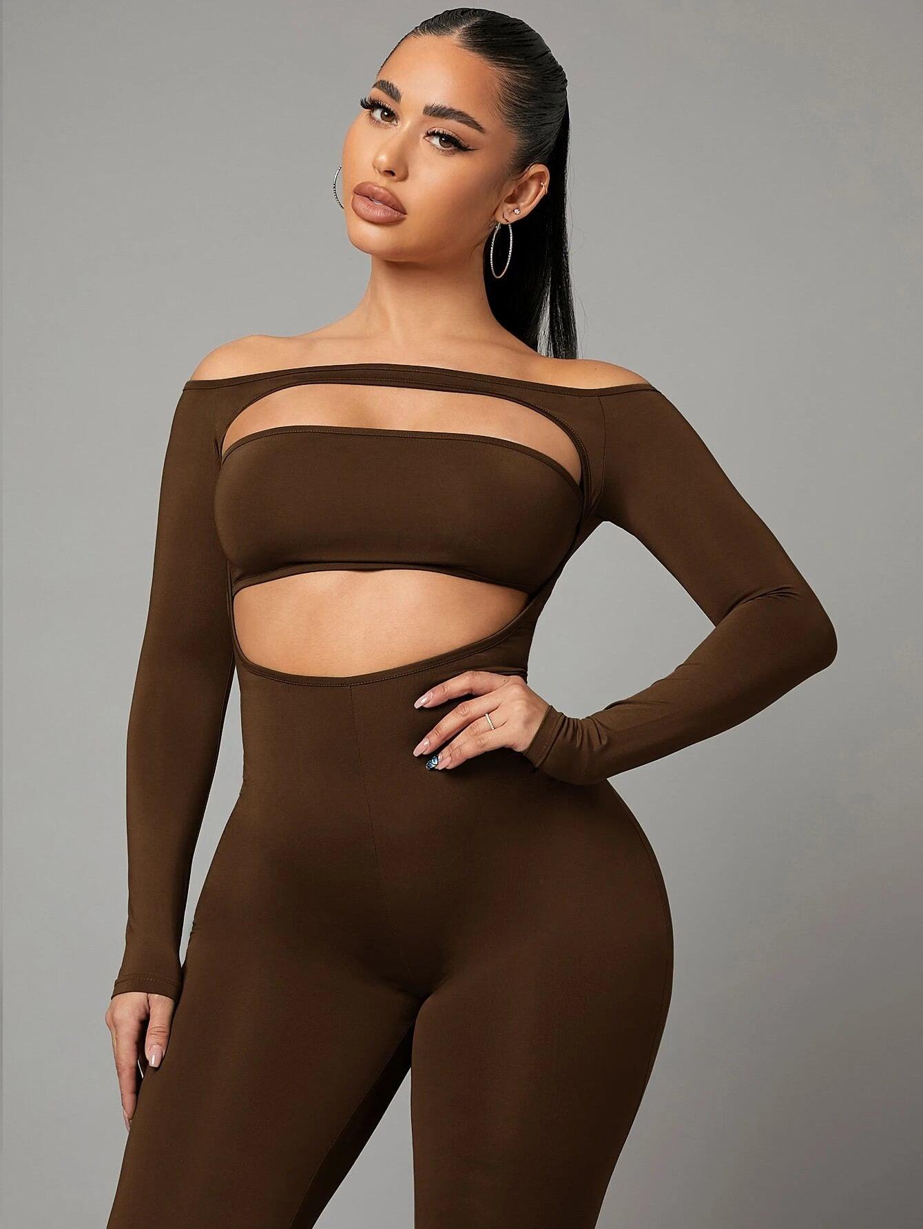 Off Shoulder Cut Out Front Unitard Jumpsuit-Comfy Jumpsuits