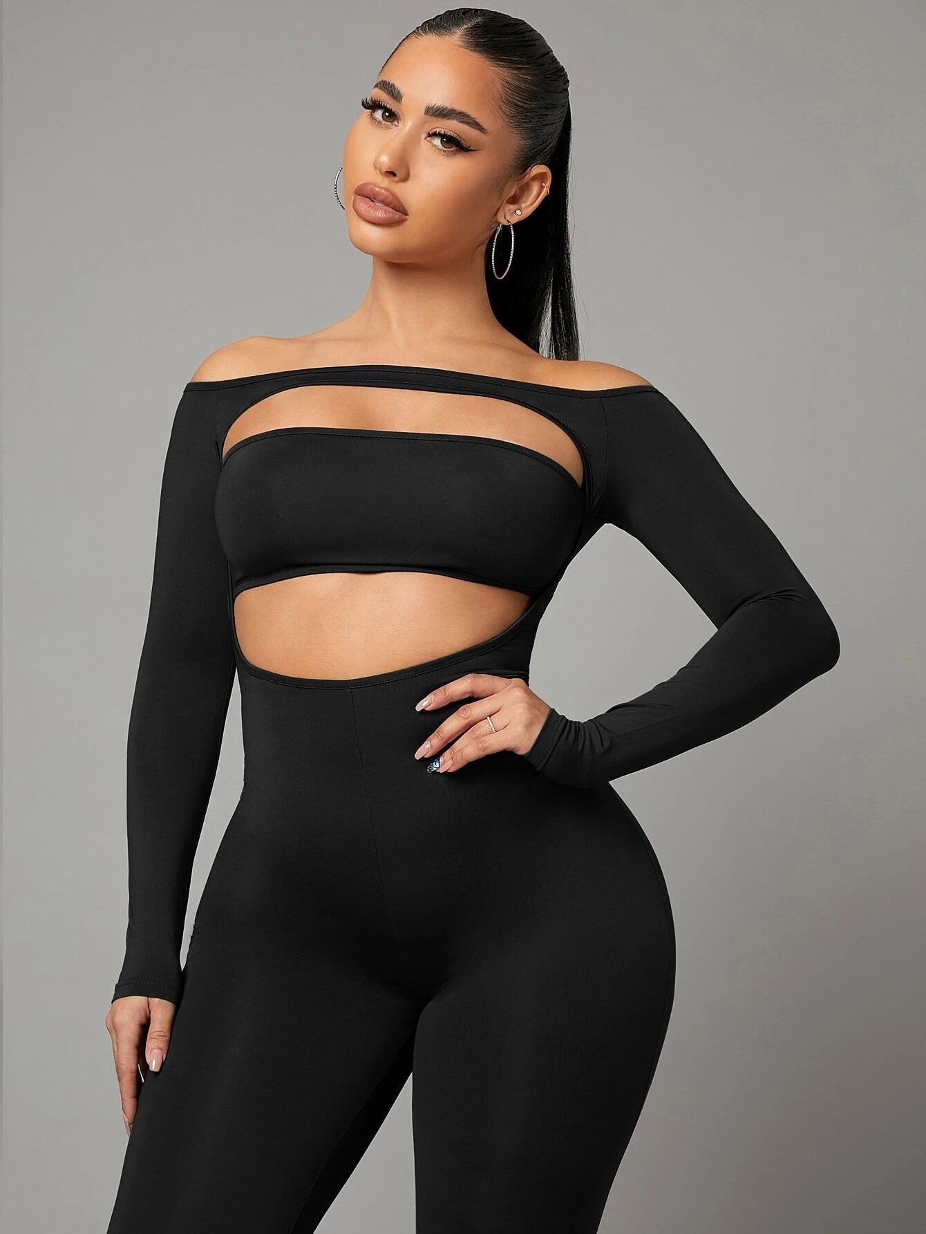 Off Shoulder Cut Out Front Unitard Jumpsuit-Comfy Jumpsuits