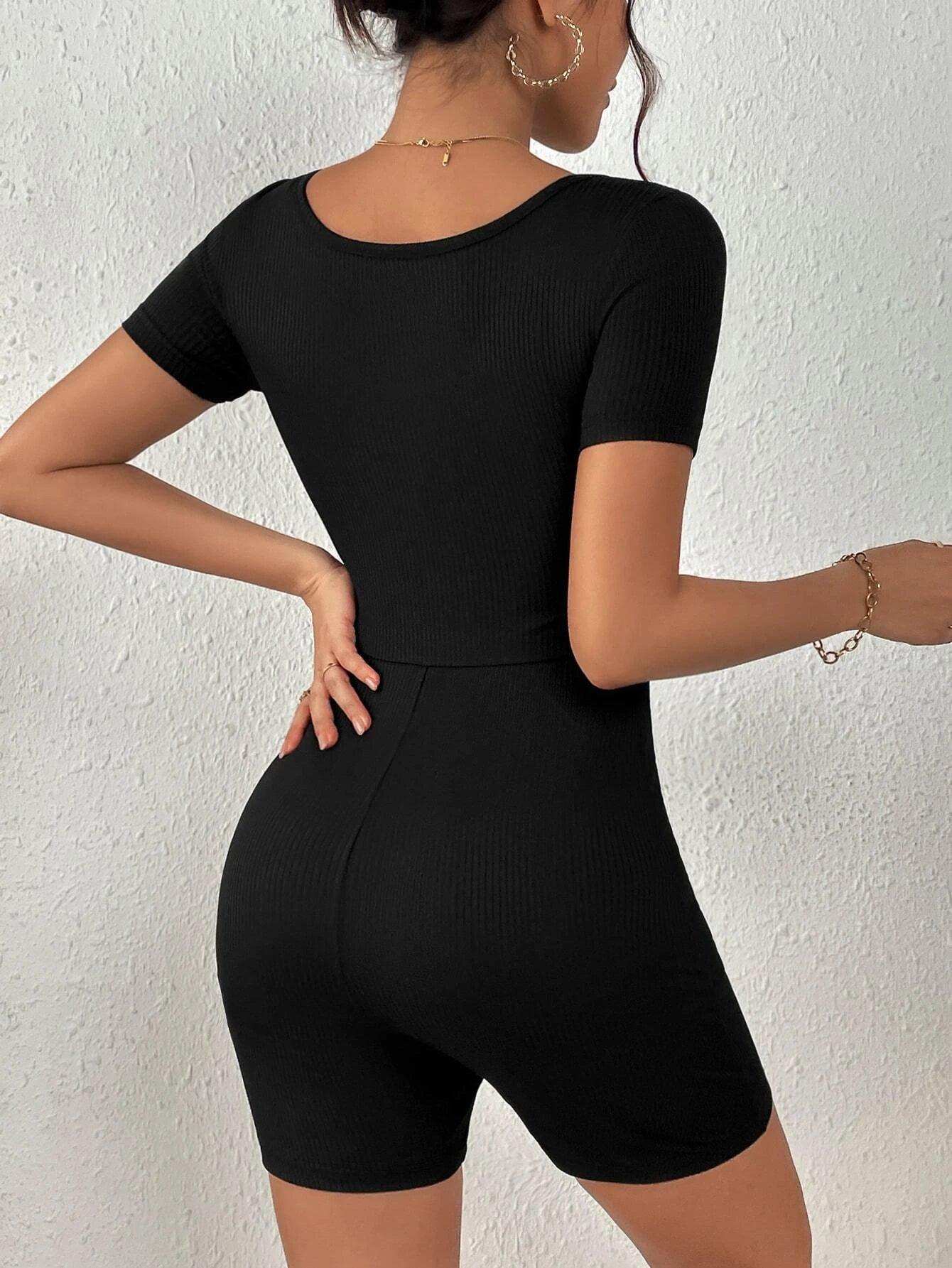 Solid Ribbed Knit Unitard Romper-Comfy Jumpsuits