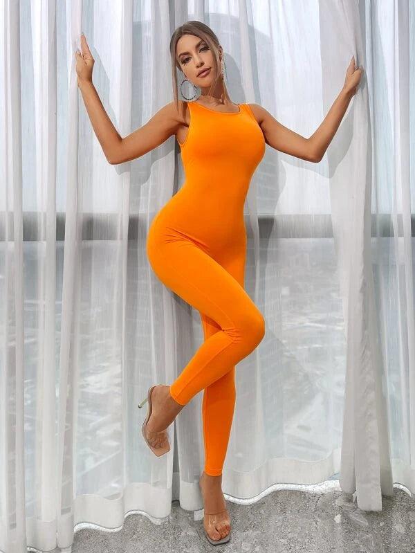 Solid Round Neck Tank Unitard Jumpsuit-Comfy Jumpsuits