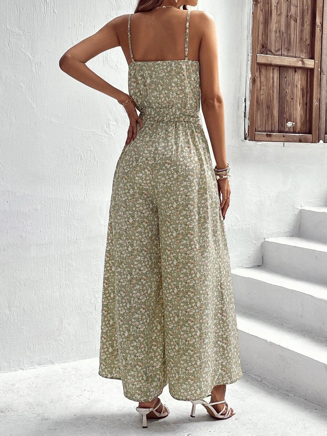 Ditsy Floral Print Belted Cami Jumpsuit-Comfy Jumpsuits