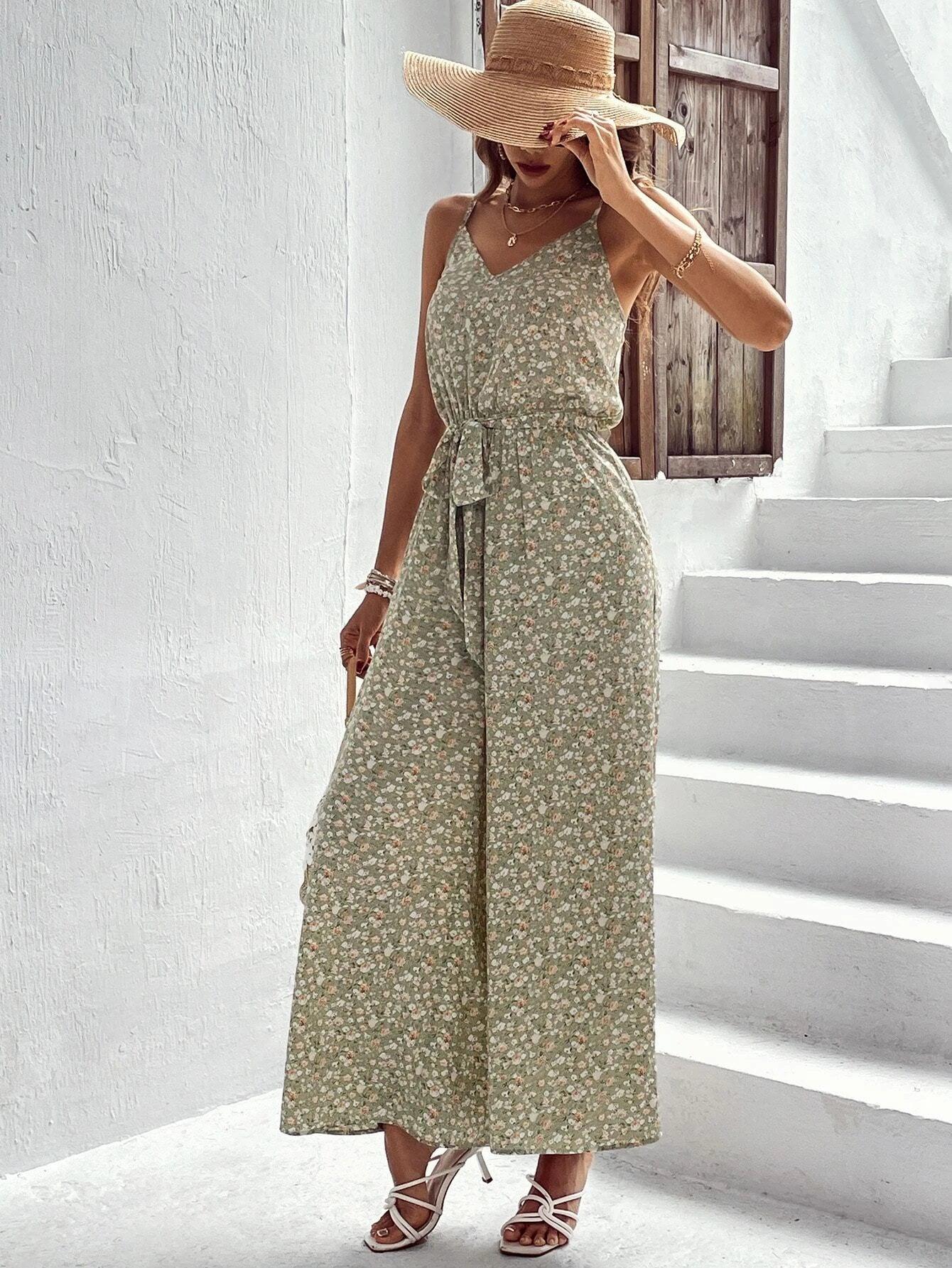 Ditsy Floral Print Belted Cami Jumpsuit-Comfy Jumpsuits