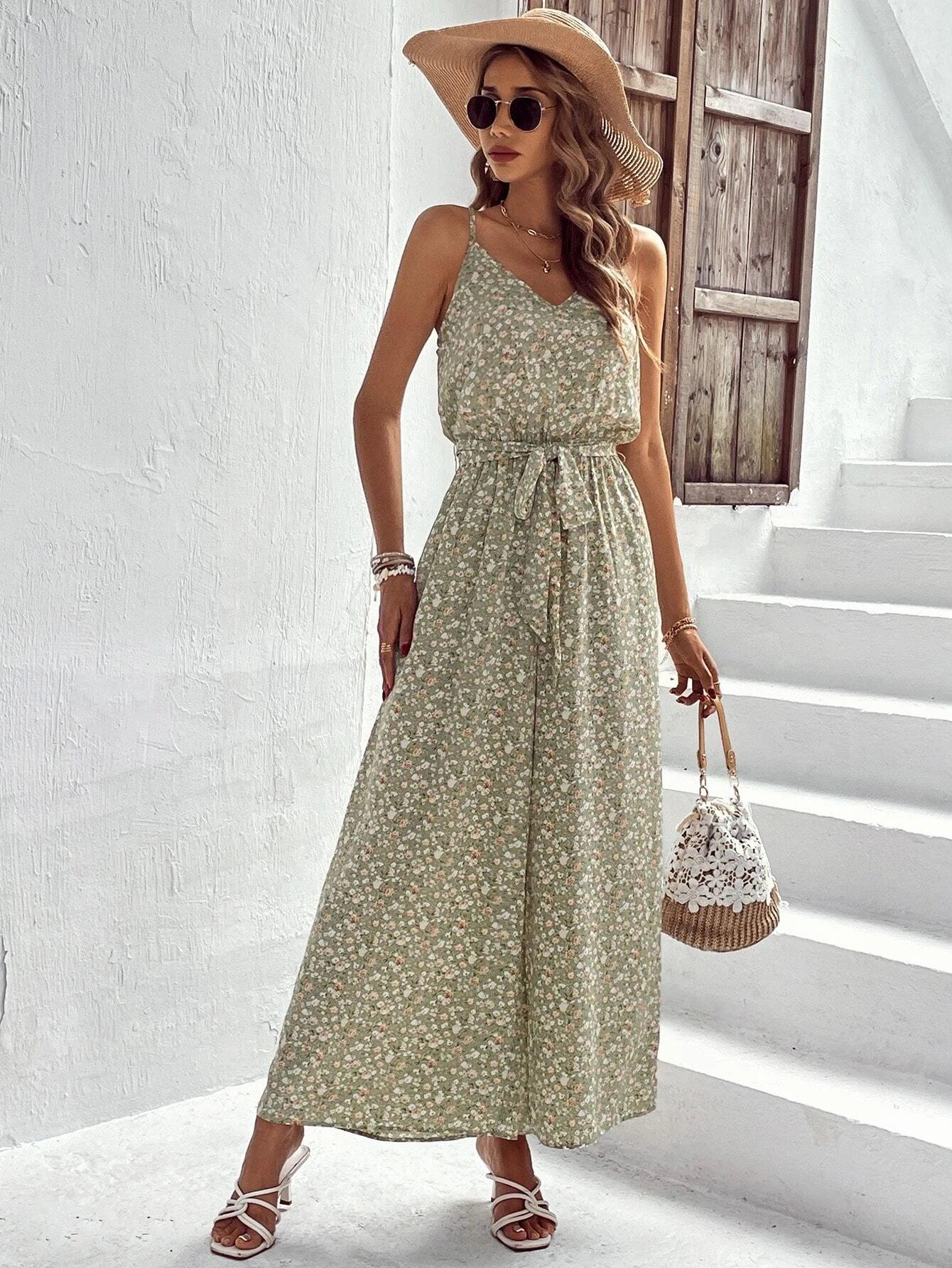 Ditsy Floral Print Belted Cami Jumpsuit-Comfy Jumpsuits