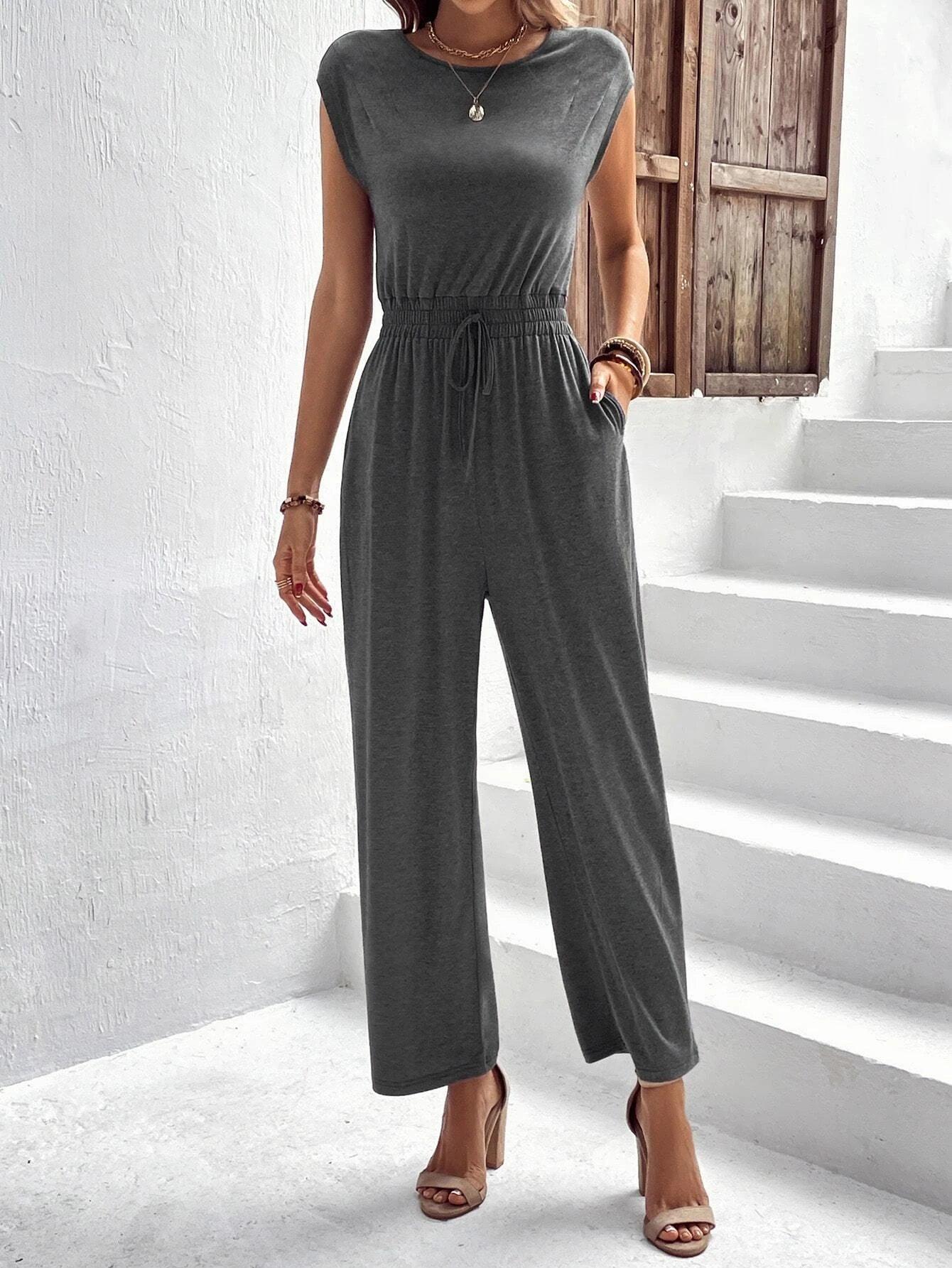 Solid Knot Waist Slant Pocket Jumpsuit-Comfy Jumpsuits