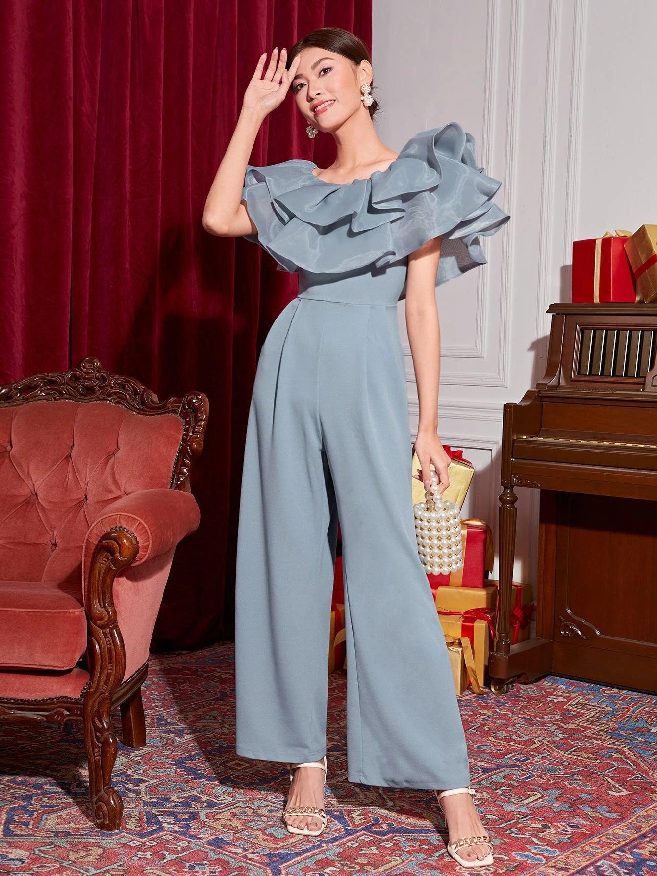 Off Shoulder Layered Ruffle Detail Palazzo Jumpsuit-Comfy Jumpsuits