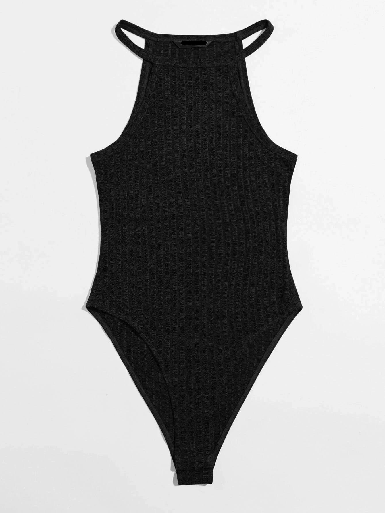 Solid Colored Sleeveless Halter Neck Bodysuit-Comfy Jumpsuits