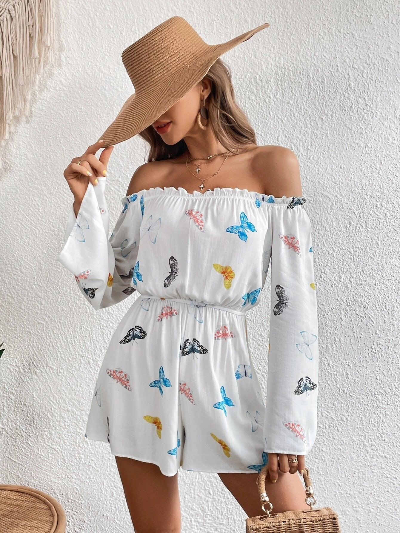 Print Off Shoulder Frill Trim Flounce Sleeve Romper-Comfy Jumpsuits