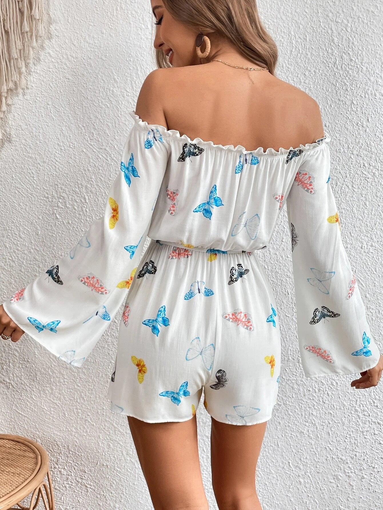 Print Off Shoulder Frill Trim Flounce Sleeve Romper-Comfy Jumpsuits