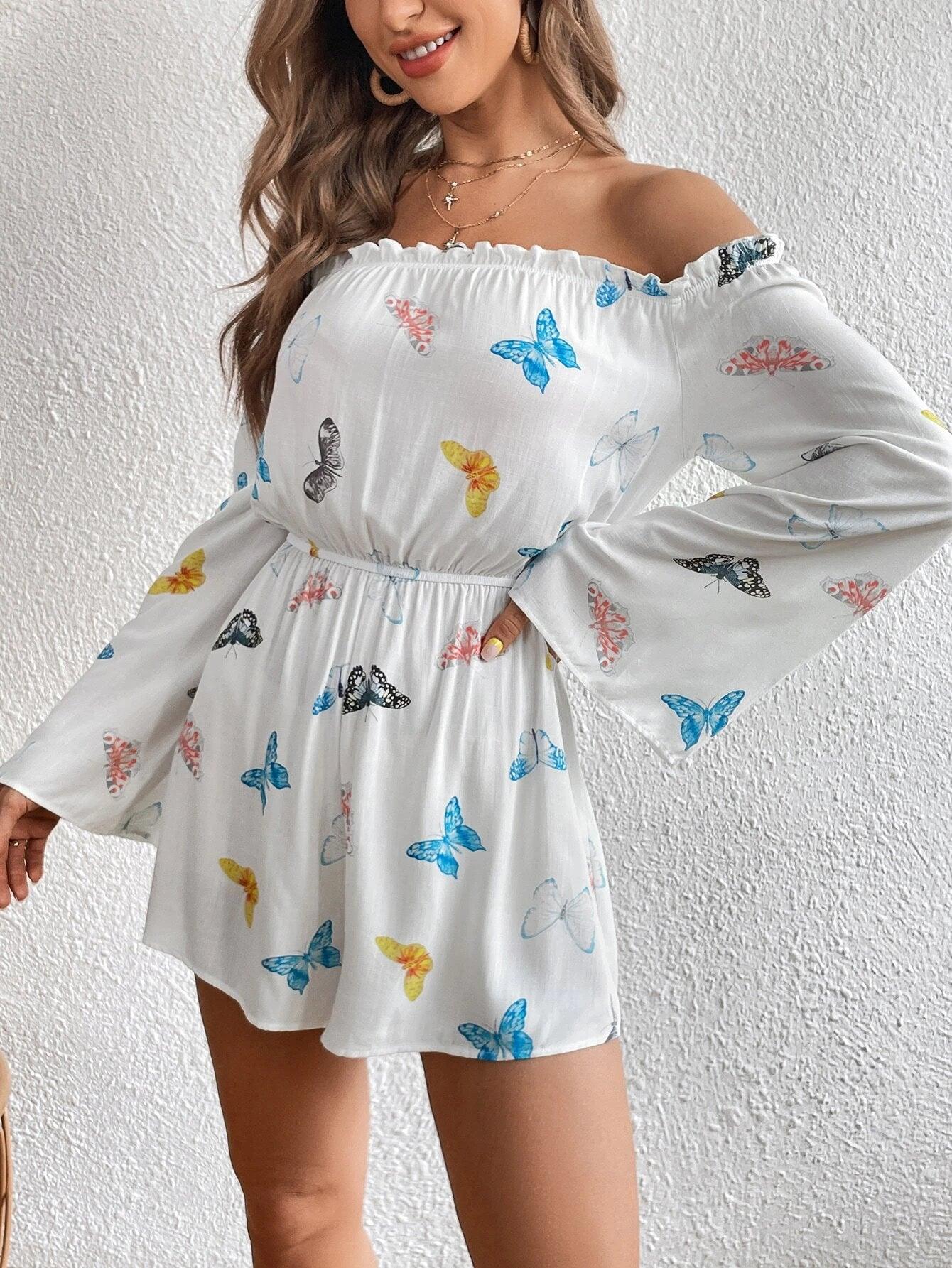Print Off Shoulder Frill Trim Flounce Sleeve Romper-Comfy Jumpsuits