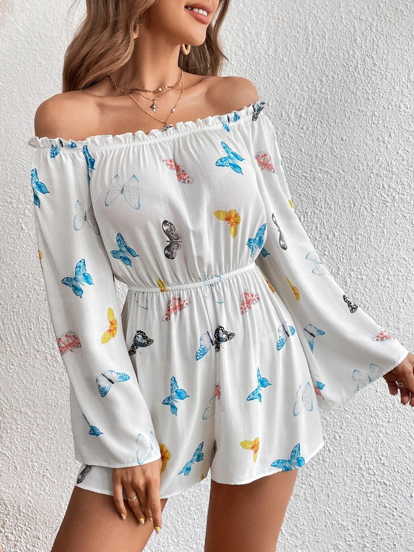 Print Off Shoulder Frill Trim Flounce Sleeve Romper-Comfy Jumpsuits