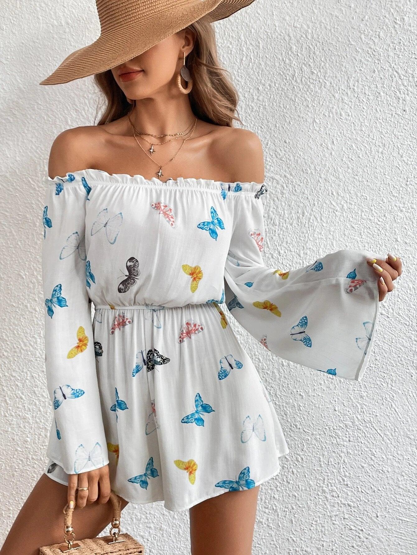 Print Off Shoulder Frill Trim Flounce Sleeve Romper-Comfy Jumpsuits