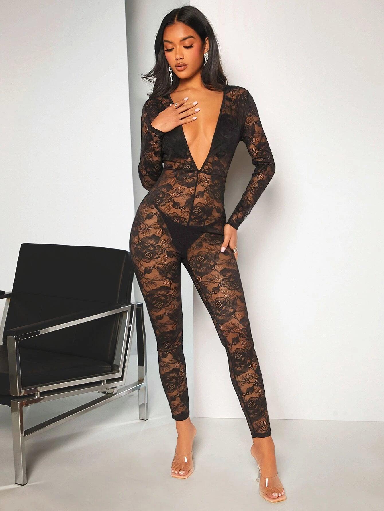 Plunging Neck Lace Unitard Jumpsuit-Comfy Jumpsuits