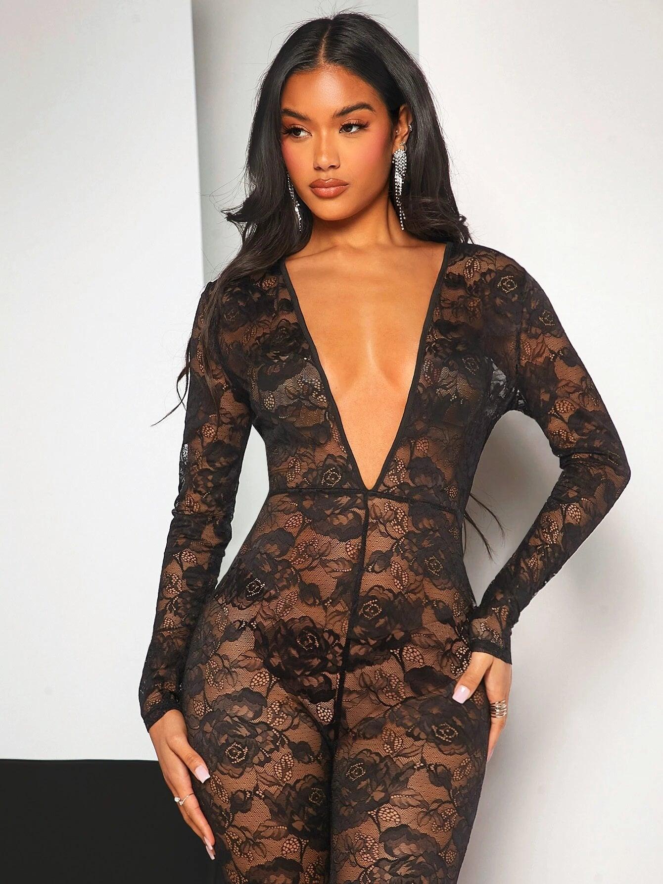 Plunging Neck Lace Unitard Jumpsuit-Comfy Jumpsuits