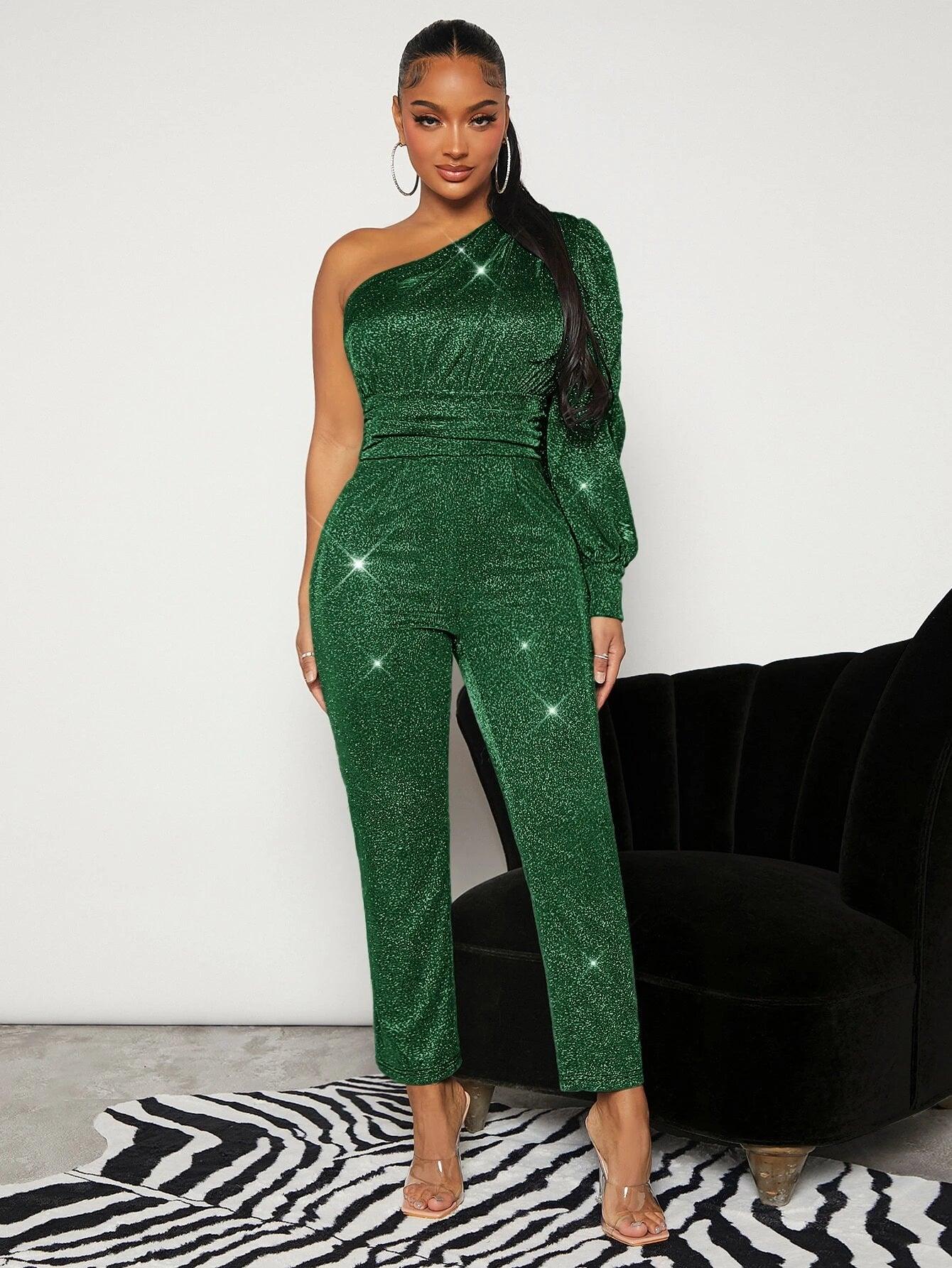 One Shoulder Ruched Glitter Jumpsuit-Comfy Jumpsuits