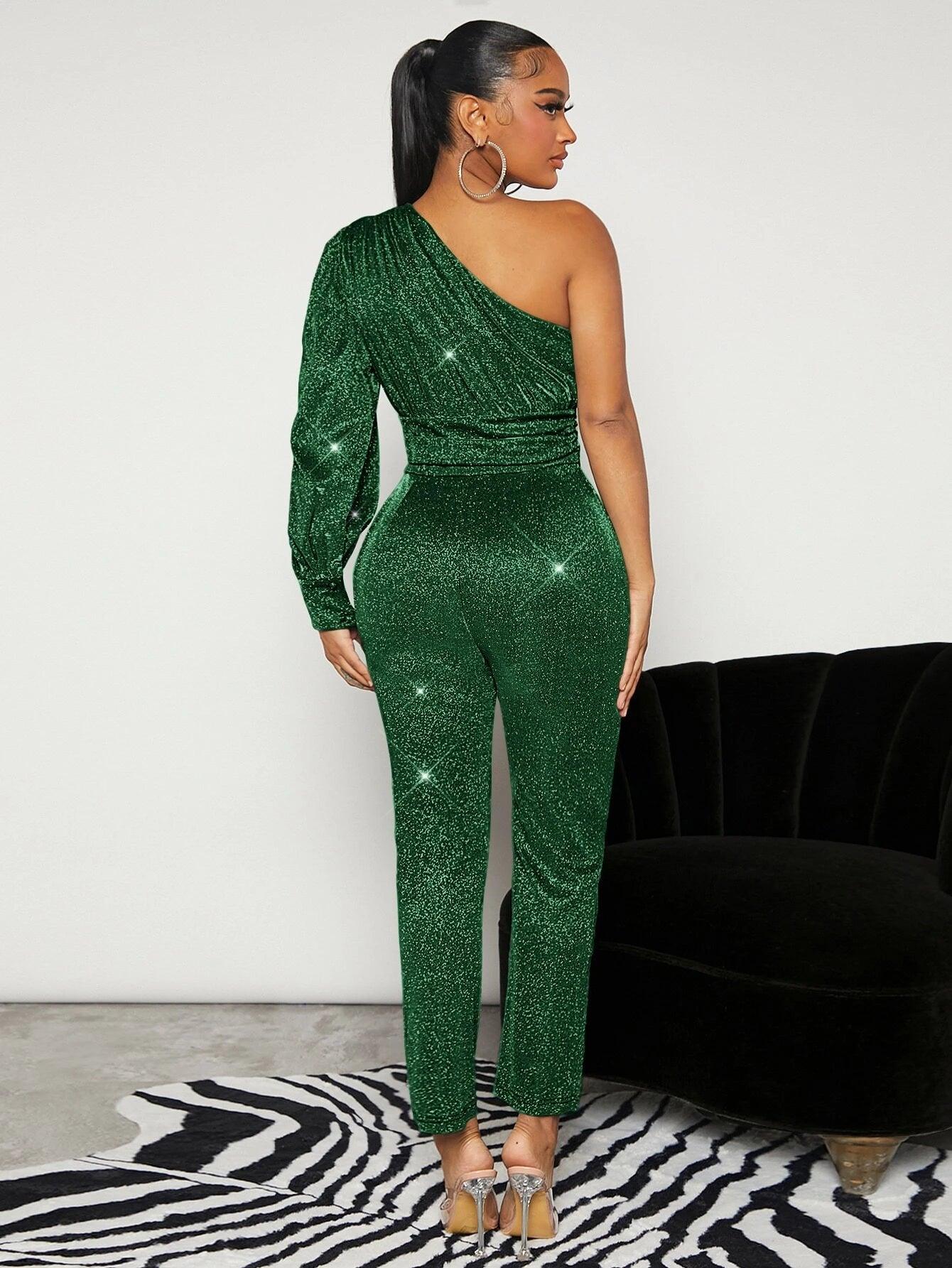 One Shoulder Ruched Glitter Jumpsuit-Comfy Jumpsuits