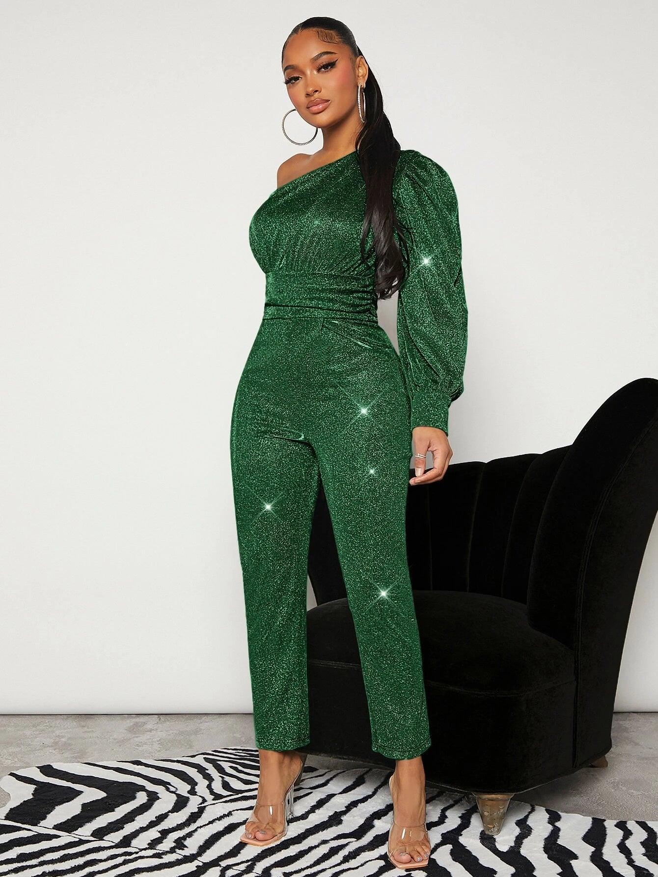 One Shoulder Ruched Glitter Jumpsuit-Comfy Jumpsuits