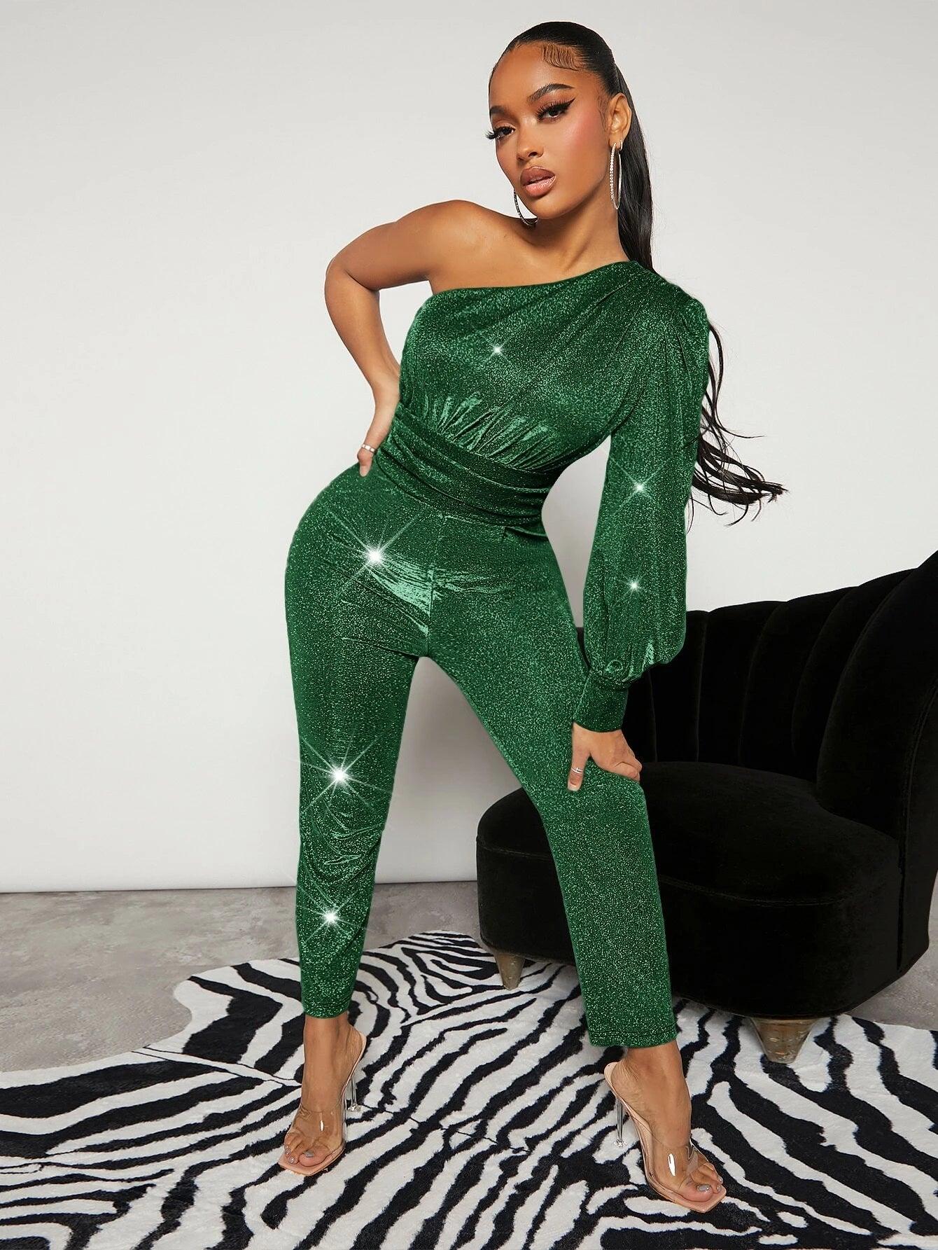 One Shoulder Ruched Glitter Jumpsuit-Comfy Jumpsuits