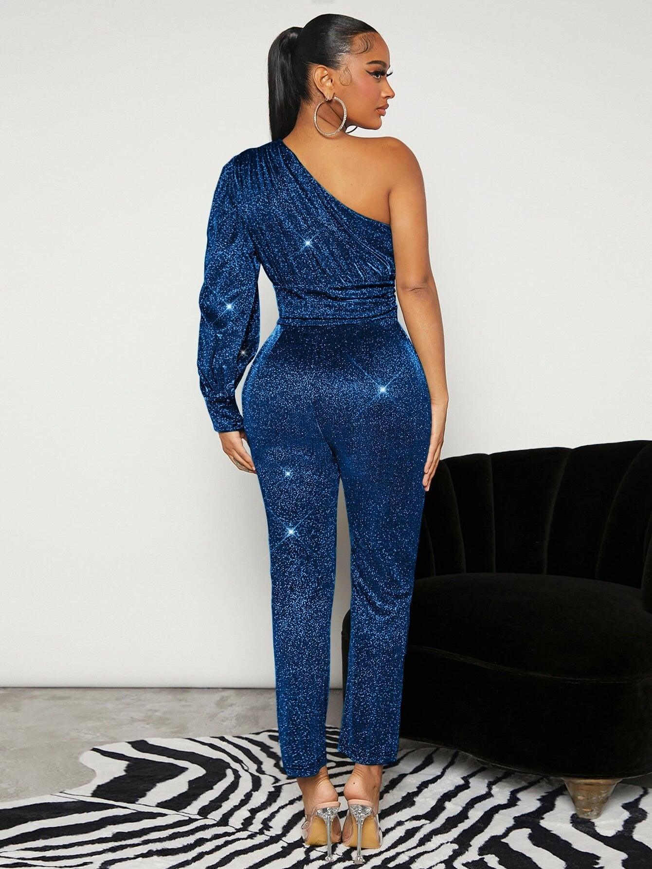 One Shoulder Ruched Glitter Jumpsuit-Comfy Jumpsuits