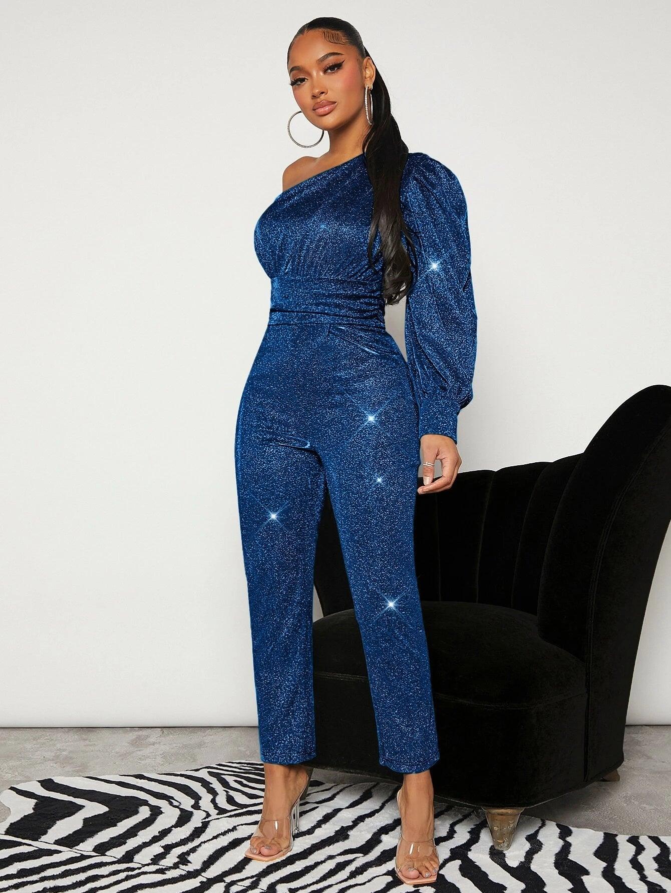One Shoulder Ruched Glitter Jumpsuit-Comfy Jumpsuits