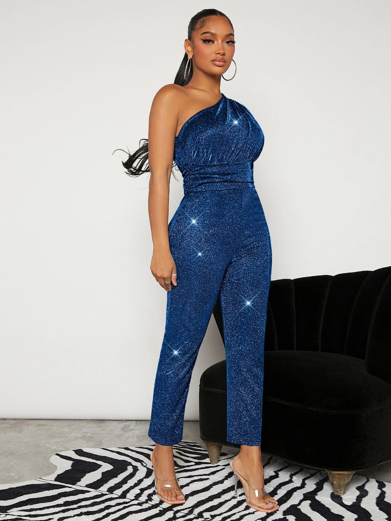 One Shoulder Ruched Glitter Jumpsuit-Comfy Jumpsuits