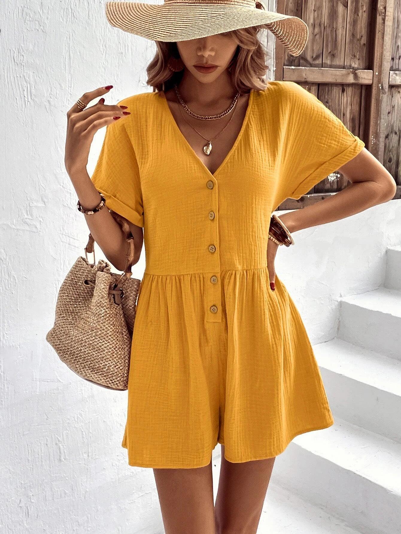 Sleeve Button Front Romper-Comfy Jumpsuits