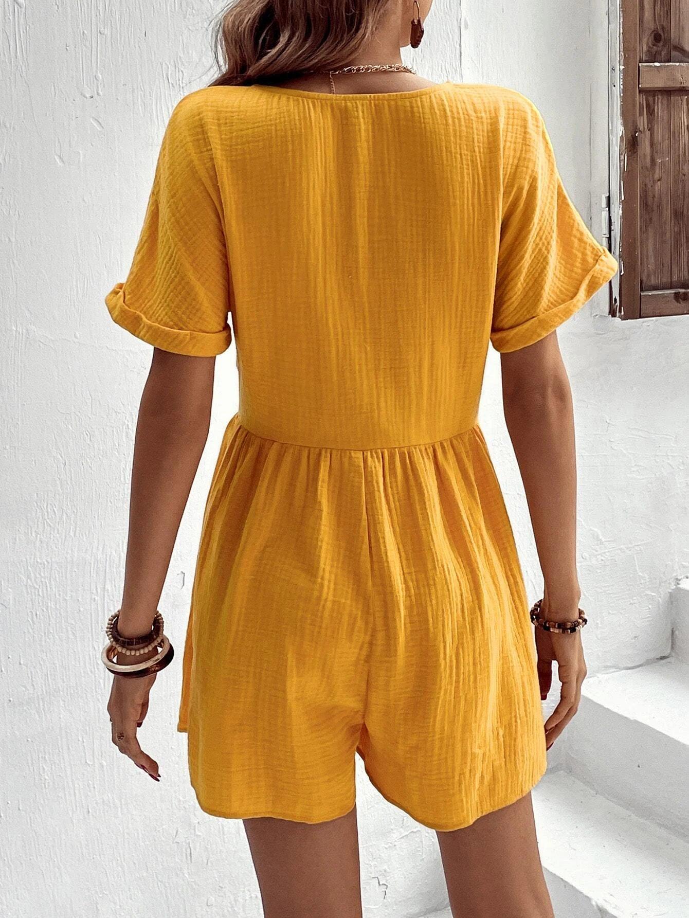 Sleeve Button Front Romper-Comfy Jumpsuits