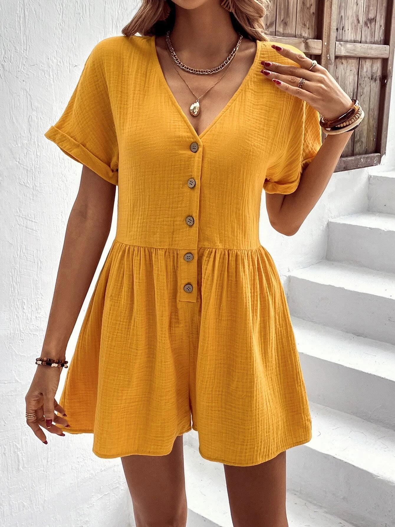 Sleeve Button Front Romper-Comfy Jumpsuits