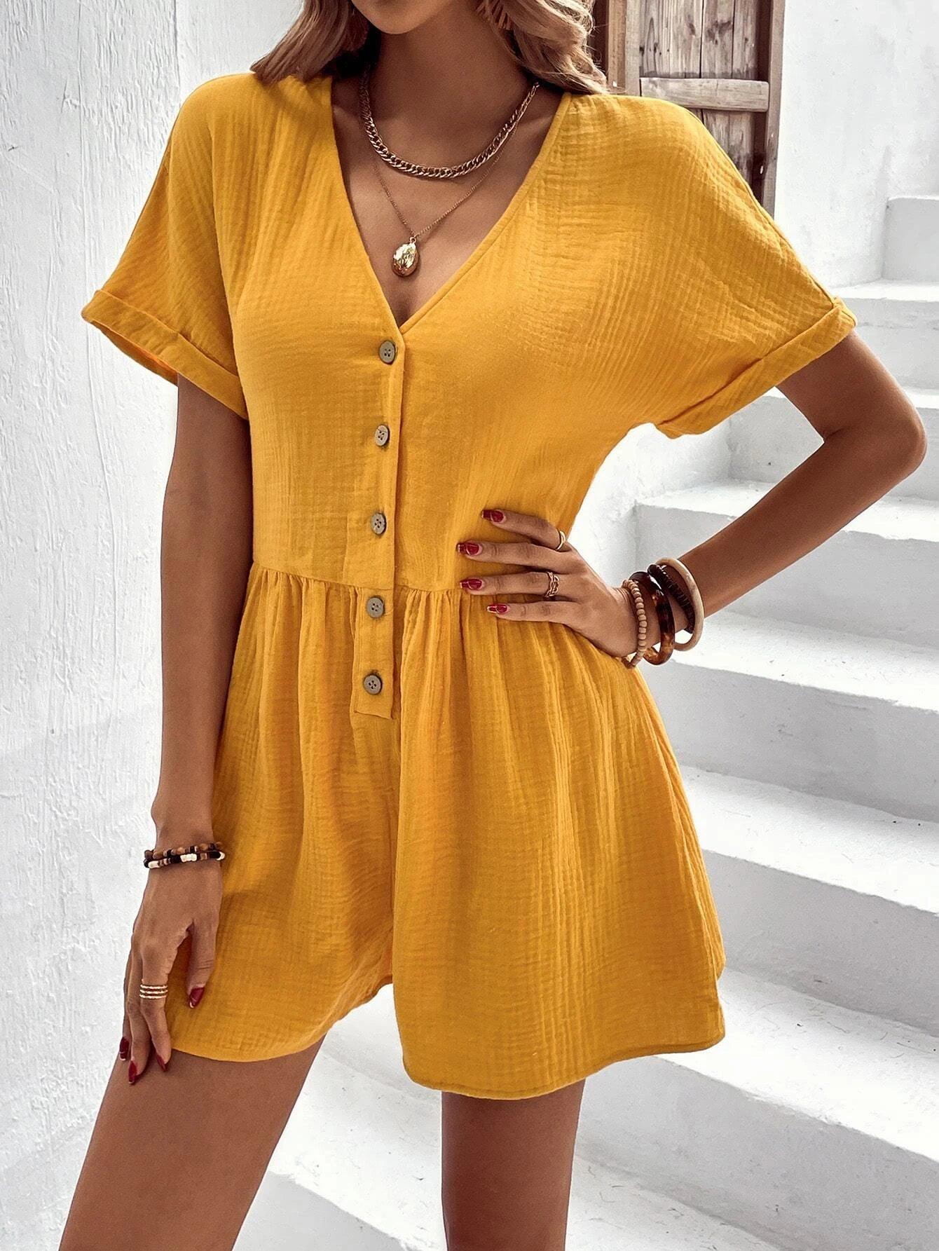 Sleeve Button Front Romper-Comfy Jumpsuits