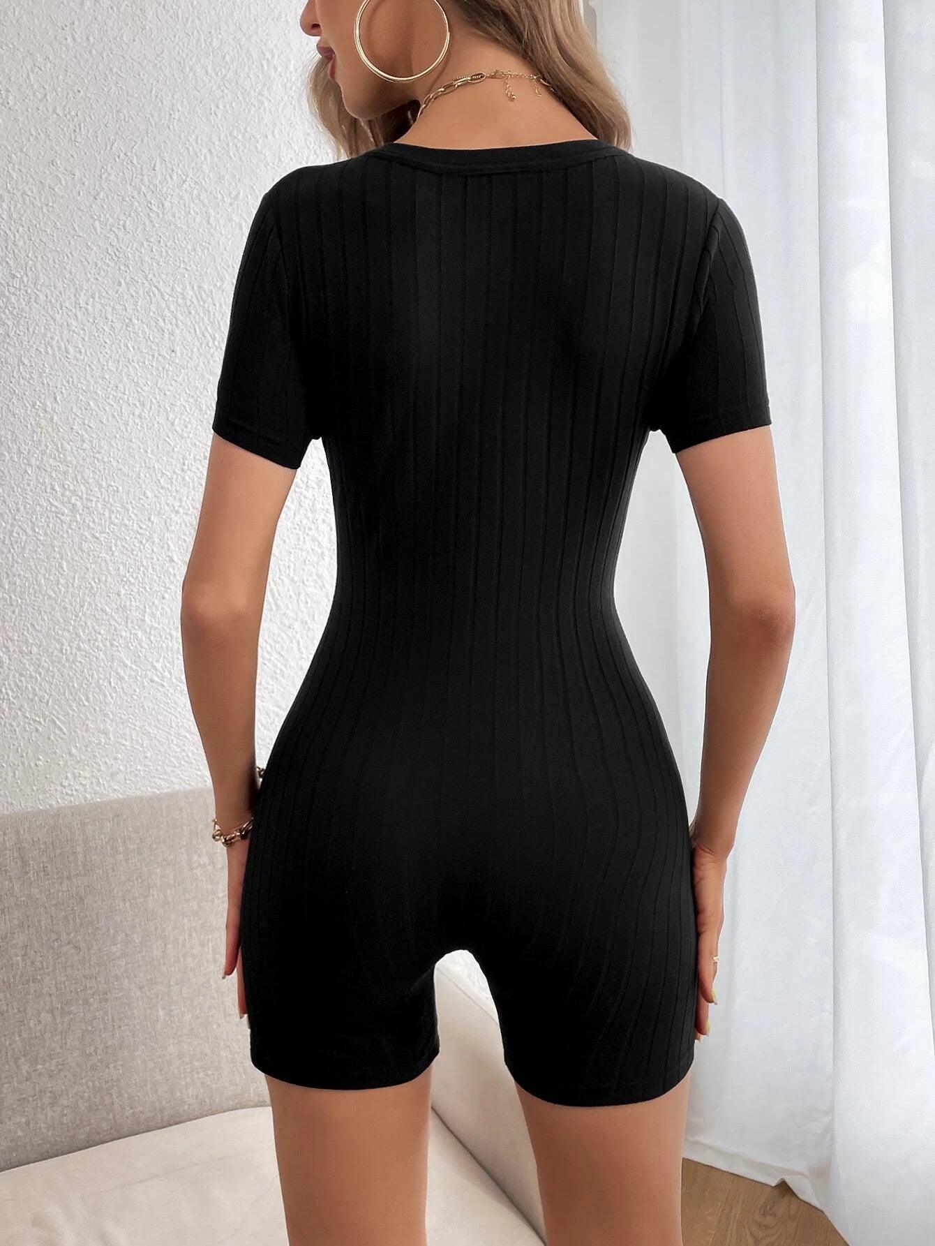 Button Ribbed Knit Unitard Romper-Comfy Jumpsuits