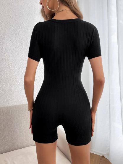 Button Ribbed Knit Unitard Romper-Comfy Jumpsuits