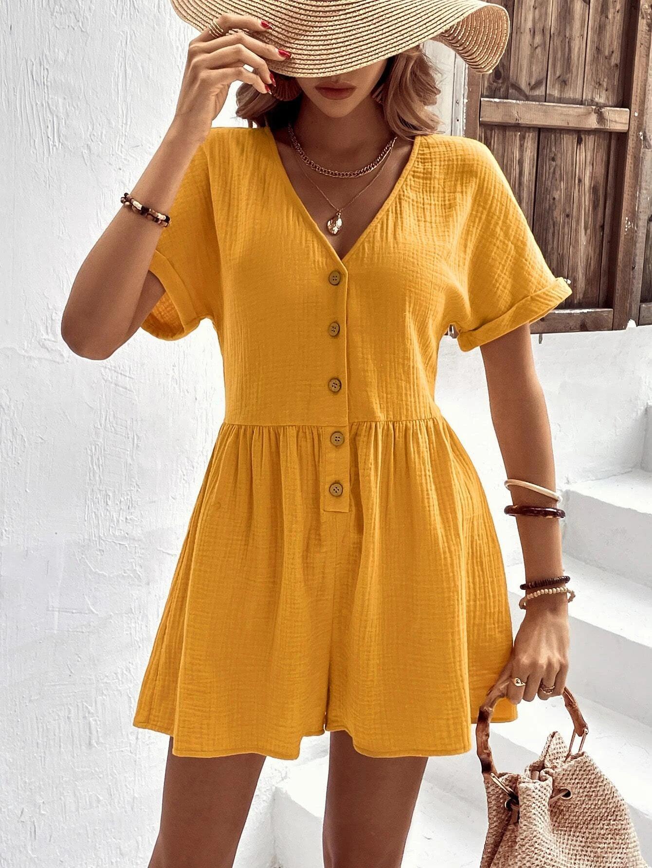 Sleeve Button Front Romper-Comfy Jumpsuits