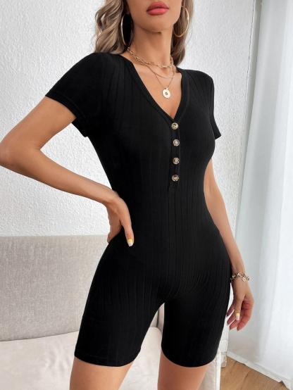 Button Ribbed Knit Unitard Romper-Comfy Jumpsuits