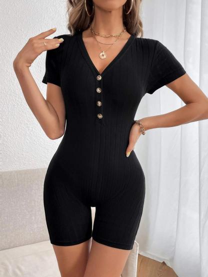 Button Ribbed Knit Unitard Romper-Comfy Jumpsuits