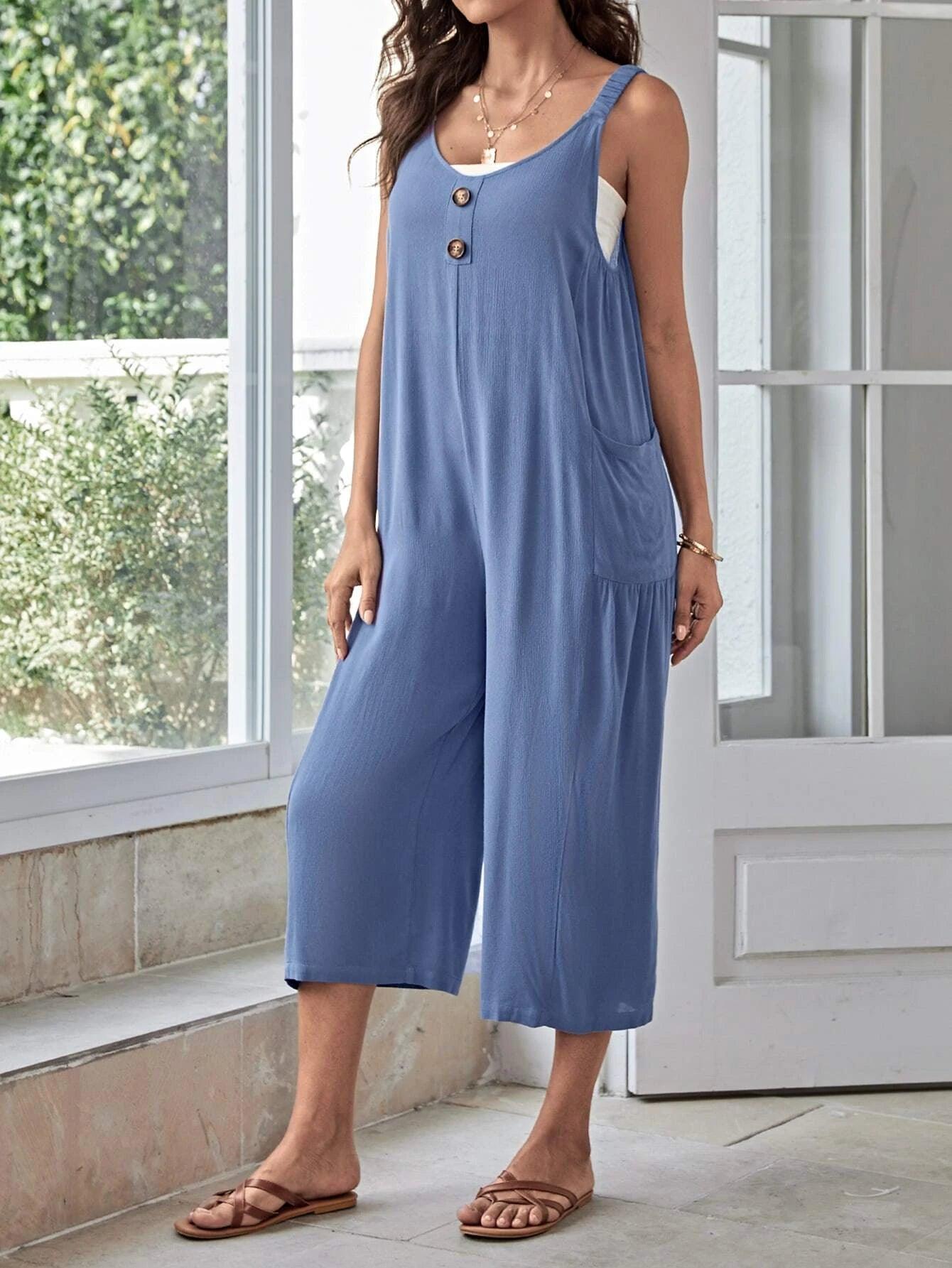 Button Front Dual Pocket Jumpsuit-Comfy Jumpsuits