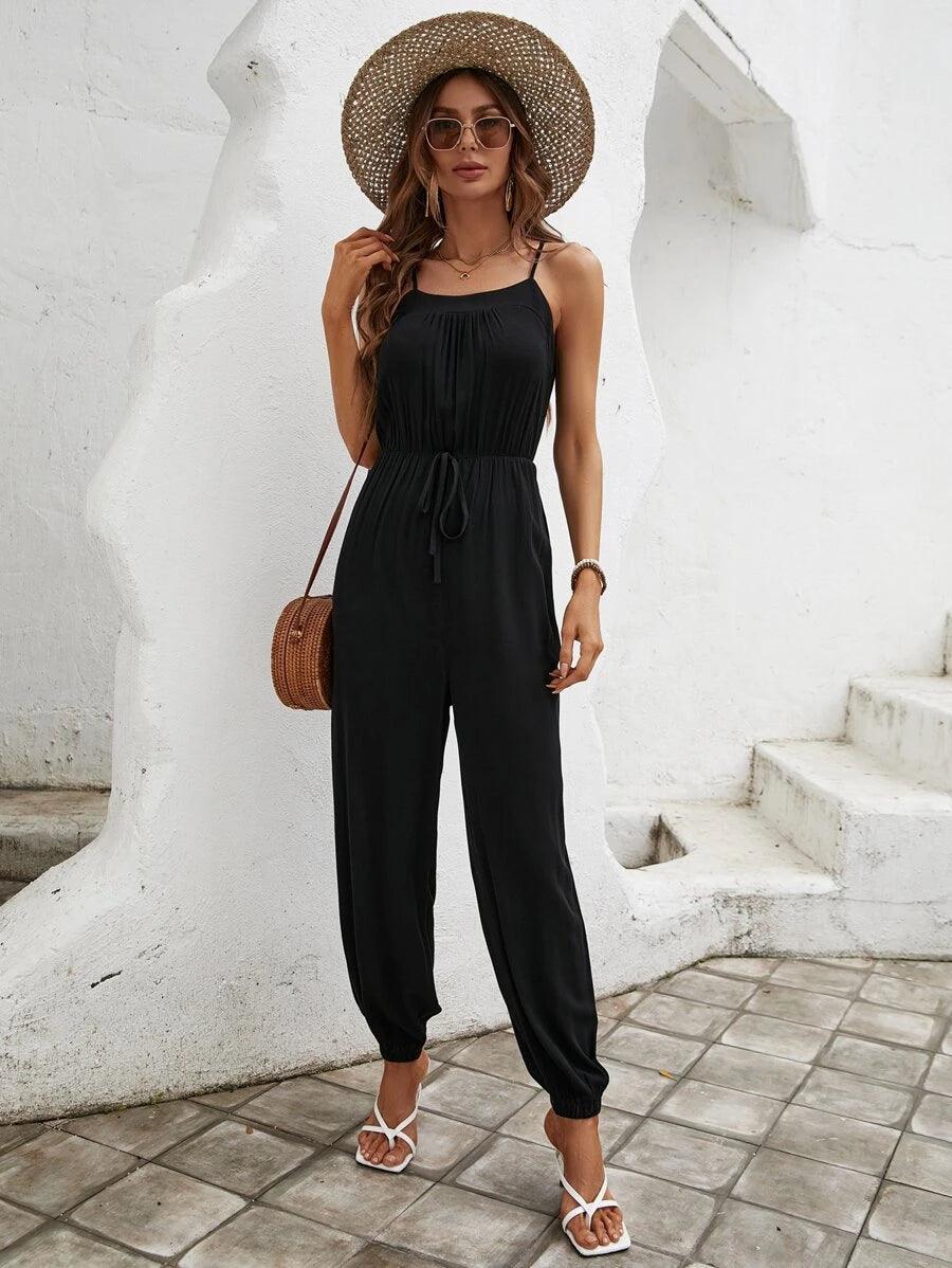 Solid Colored Knot Waist Cami Jumpsuit-Comfy Jumpsuits