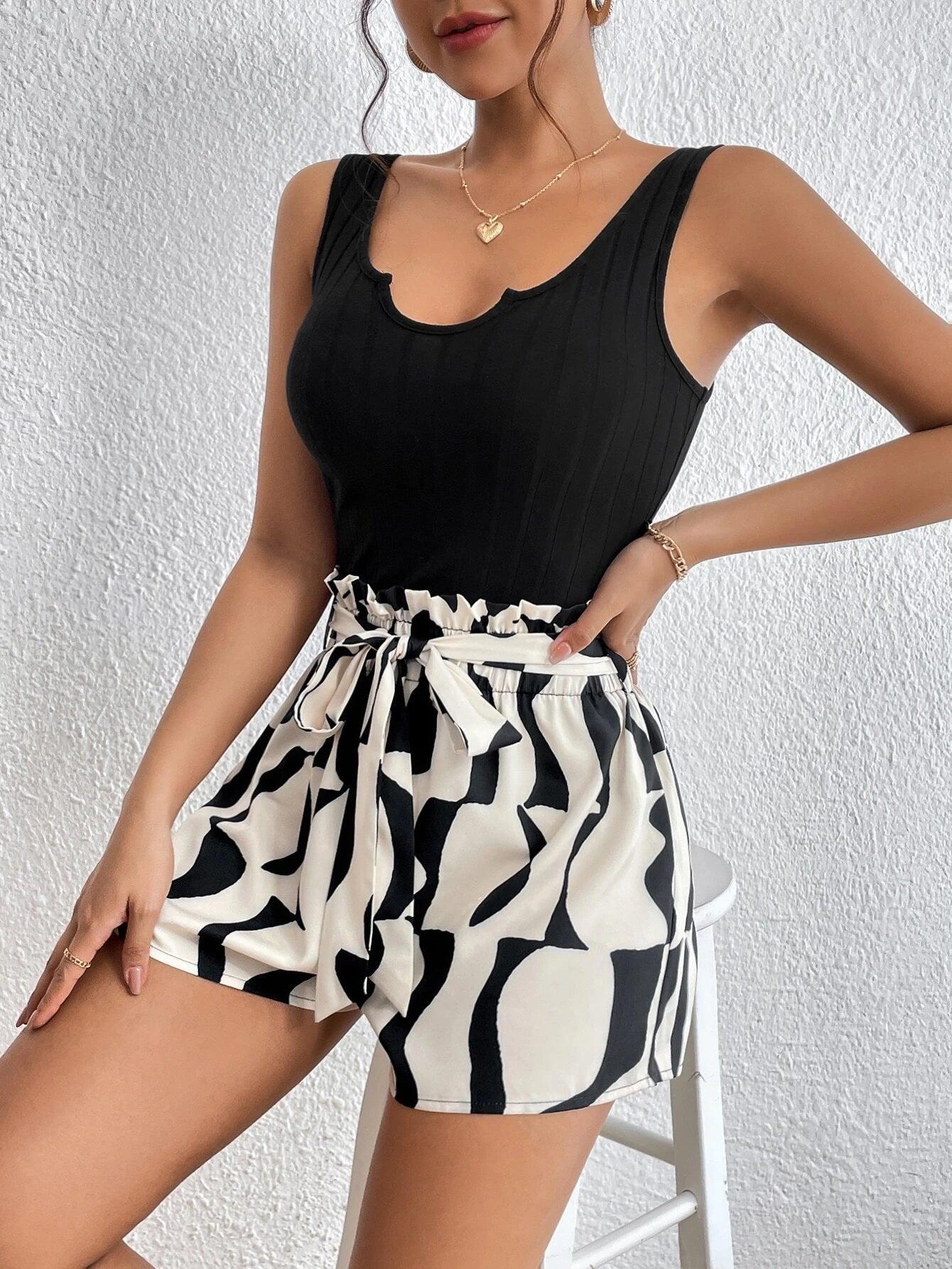 Graphic Print Notched Neck Romper-Comfy Jumpsuits