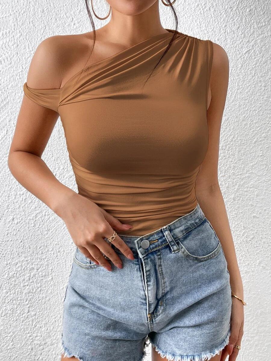 Asymmetrical Neck Bodysuit-Comfy Jumpsuits