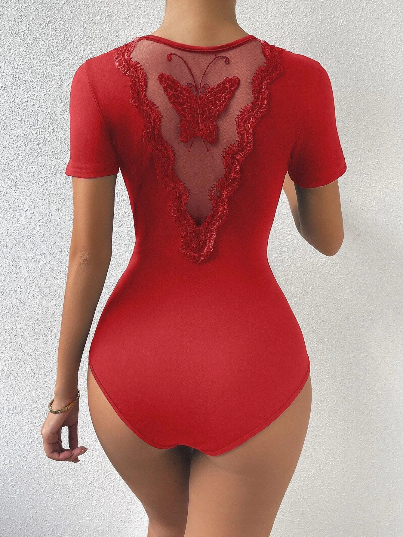 Butterfly Embroidery Contrast Lace Tee Bodysuit-Comfy Jumpsuits