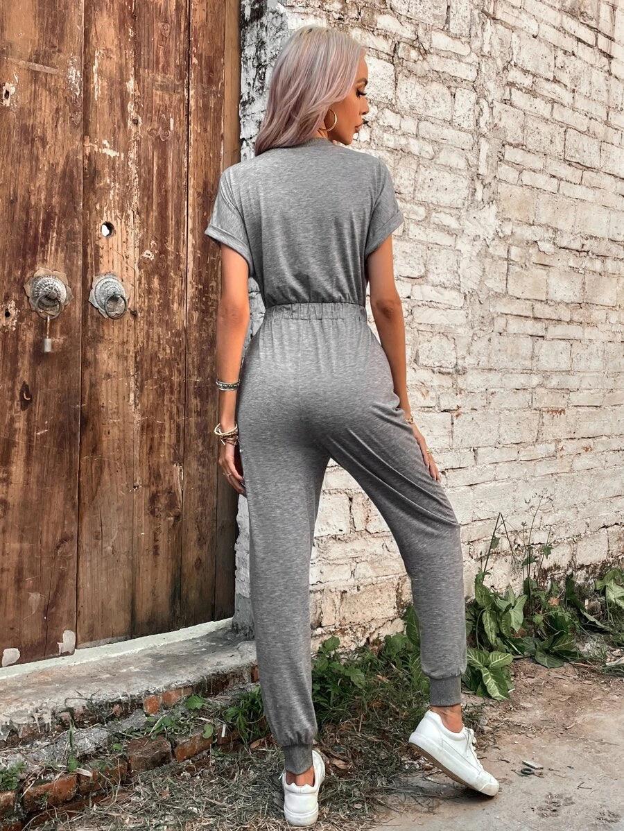 Surplice Neck Drawstring Waist Jumpsuit-Comfy Jumpsuits
