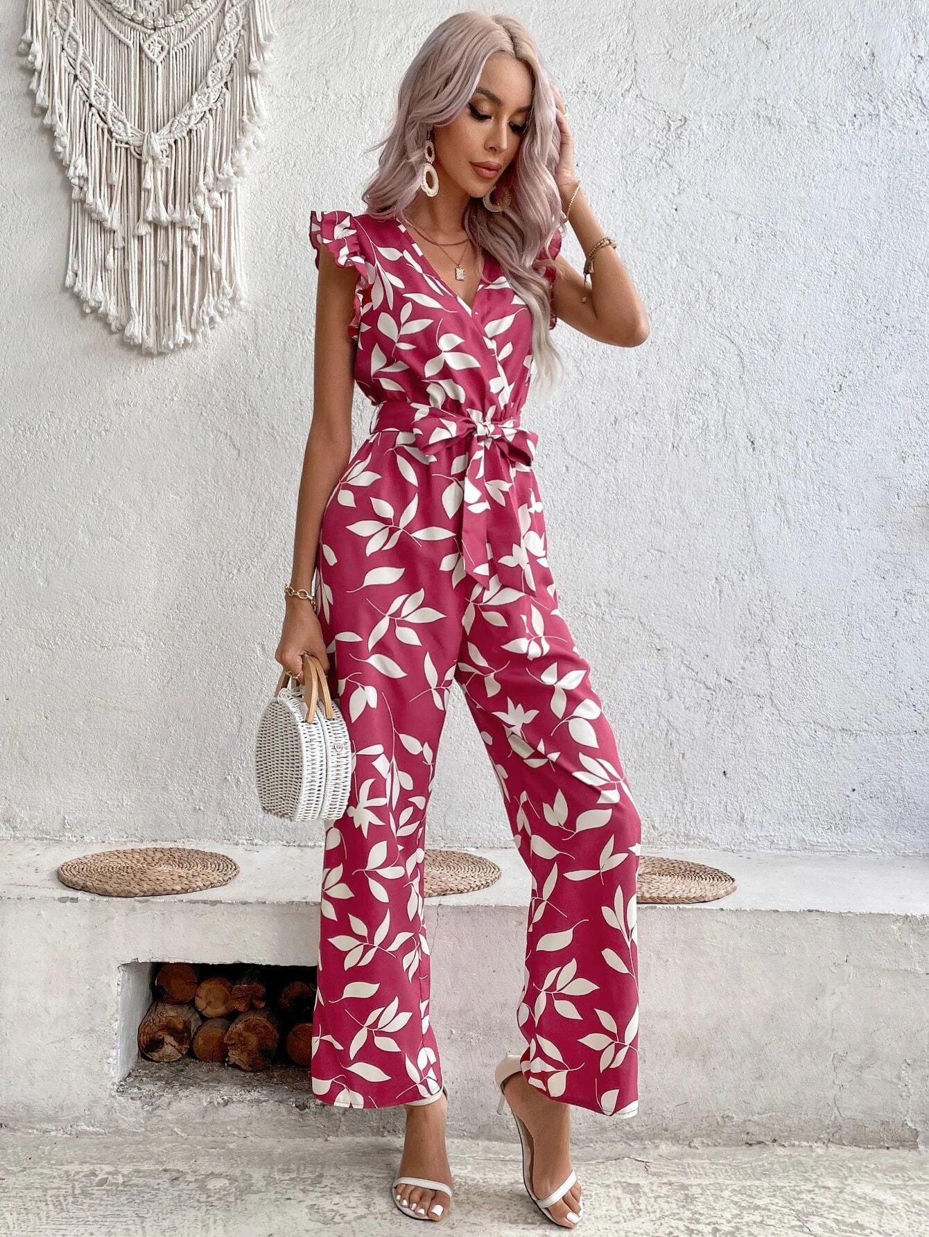 Allover Print Ruffle Trim Belted Jumpsuit-Comfy Jumpsuits