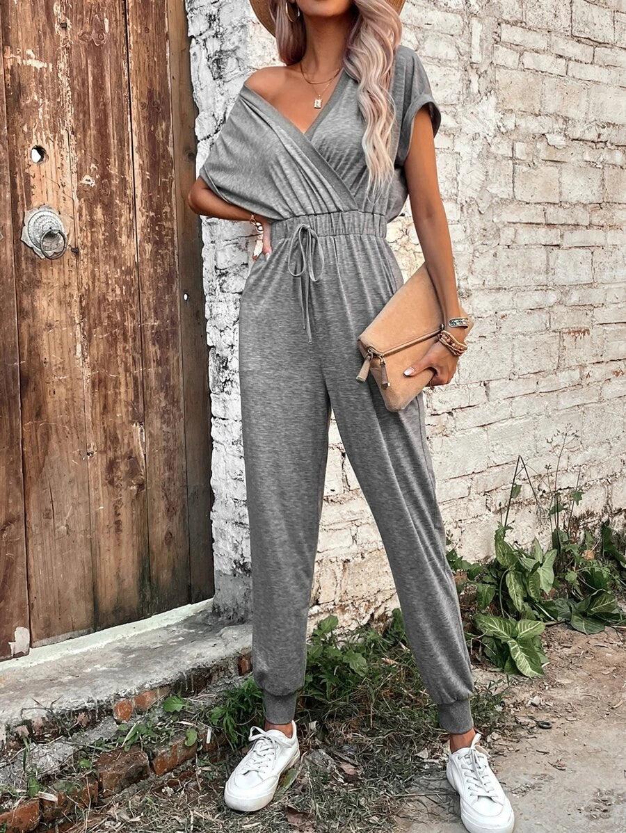 Surplice Neck Drawstring Waist Jumpsuit-Comfy Jumpsuits