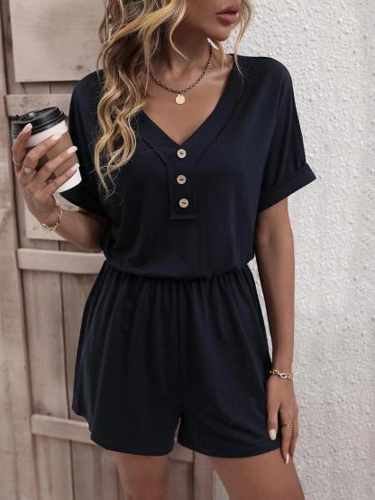 Solid Button Front Tee Romper-Comfy Jumpsuits