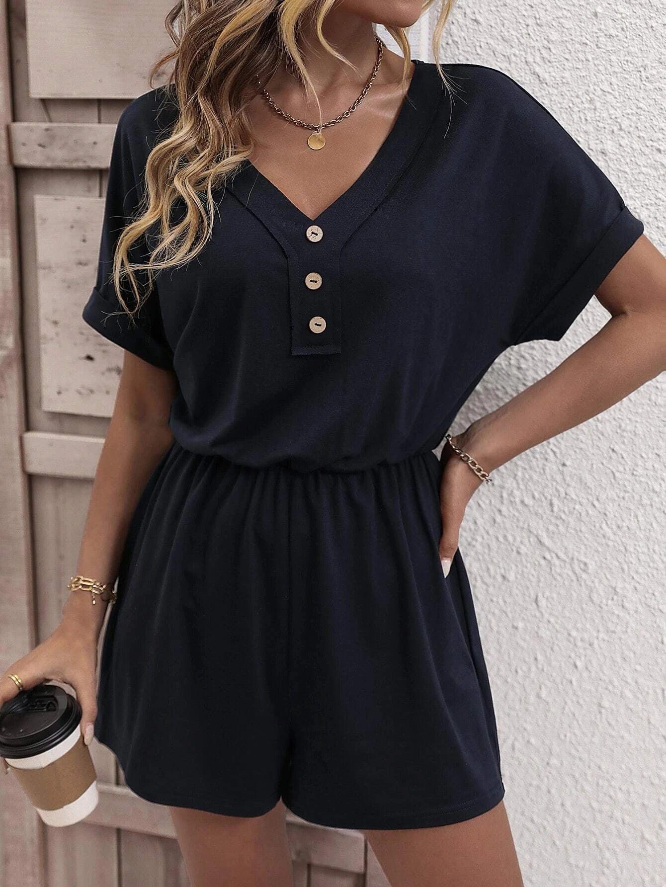 Solid Button Front Tee Romper-Comfy Jumpsuits