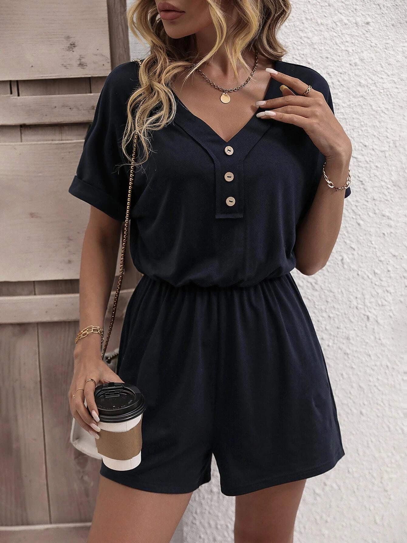 Solid Button Front Tee Romper-Comfy Jumpsuits