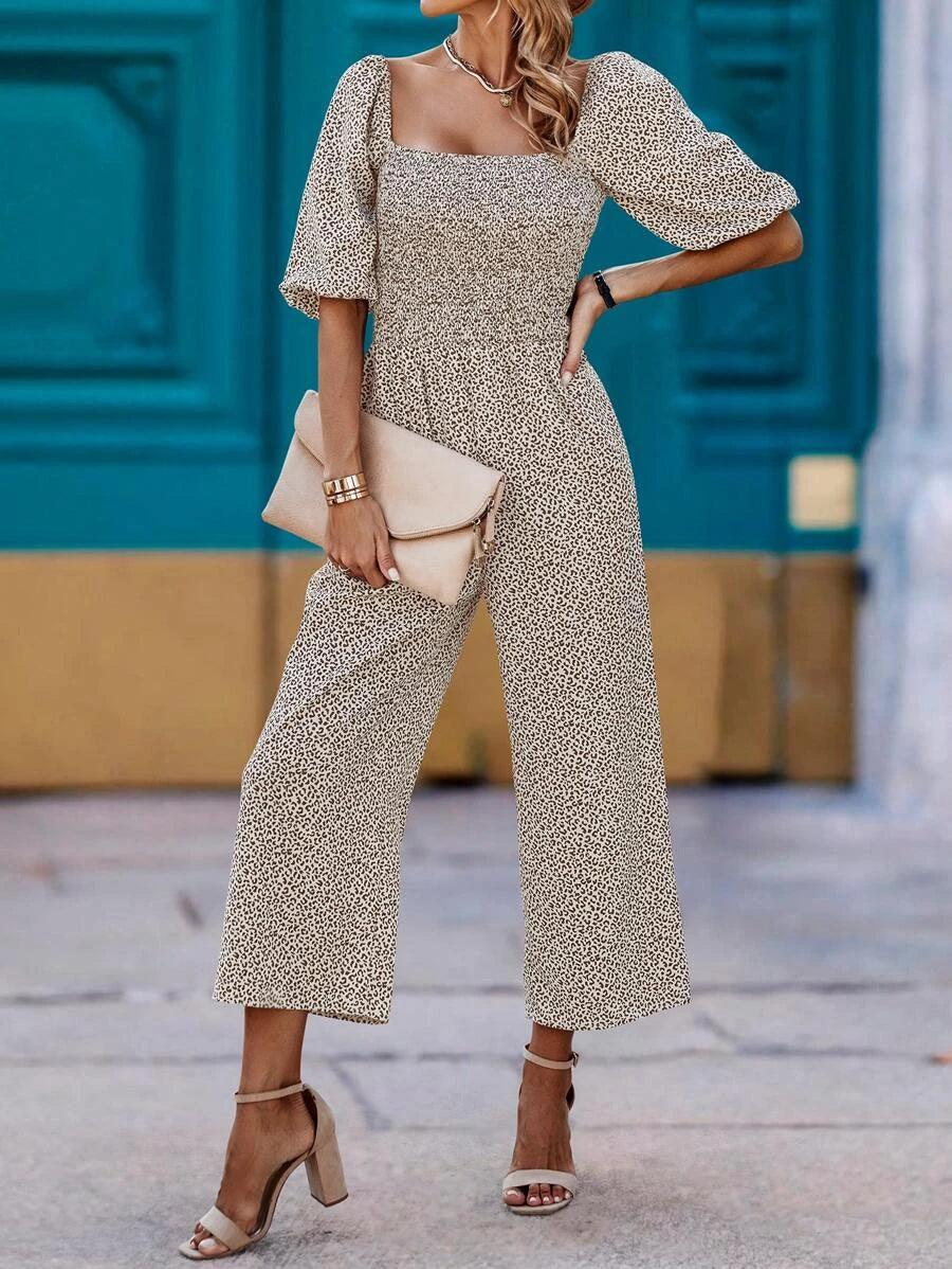 Allover Print Square Neck Lantern Sleeve Wide Leg Jumpsuit-Comfy Jumpsuits