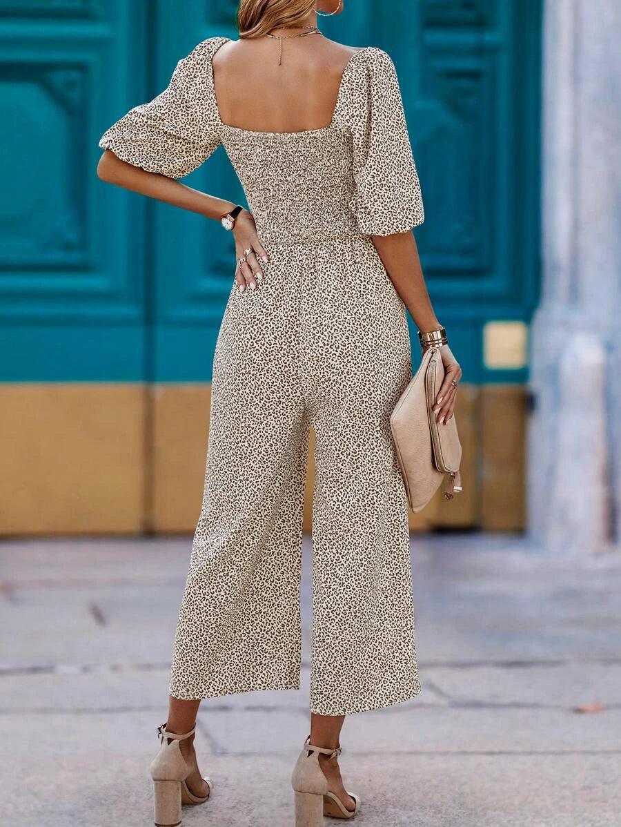 Allover Print Square Neck Lantern Sleeve Wide Leg Jumpsuit-Comfy Jumpsuits